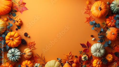 Autumn background with pumpkins, pine cones, and colorful leaves arranged on an orange backdrop, perfect for seasonal and festive themes.