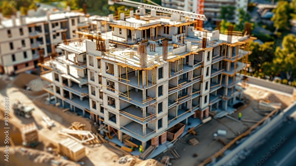 Generate a photo realistic image of a construction project displaying a budget management overview with detailed cost breakdowns and financial planning tools; ensure the image is of high resolution Generate a photo realistic image of a construction project displaying a budget management overview with detailed cost breakdowns and financial planning tools; ensure the image is of high resolution