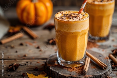 Delicious pumpkin smoothie with whipped cream on top. Garnished with cinnamon and spices on a cozy autumn background with pumpkins and autumn leaves photo
