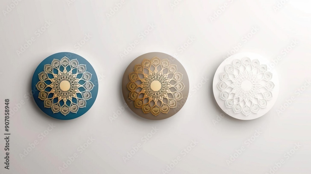 Fototapeta premium Four white decorative round ornaments arranged in a row on a white background.