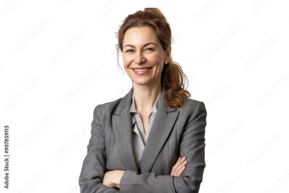 Professional middle aged female entrepreneur in formal suit with ponytail Isolated on white background Professional middle aged female entrepreneur in formal suit with ponytail Isolated on white background