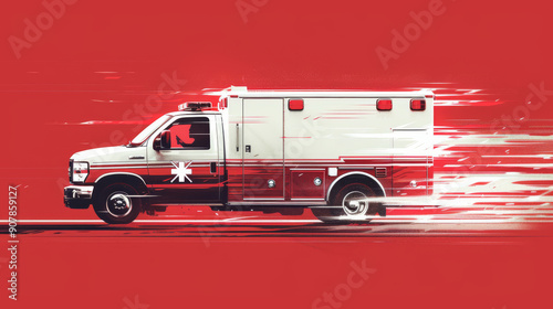 Ambulance car rushing on an emergency call against vibrant red background emphasizing speed and urgency symbolizing race against time to save lives photo