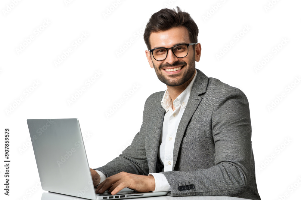Smiling businessman working remotely with laptop Isolated on white background Smiling businessman working remotely with laptop Isolated on white background