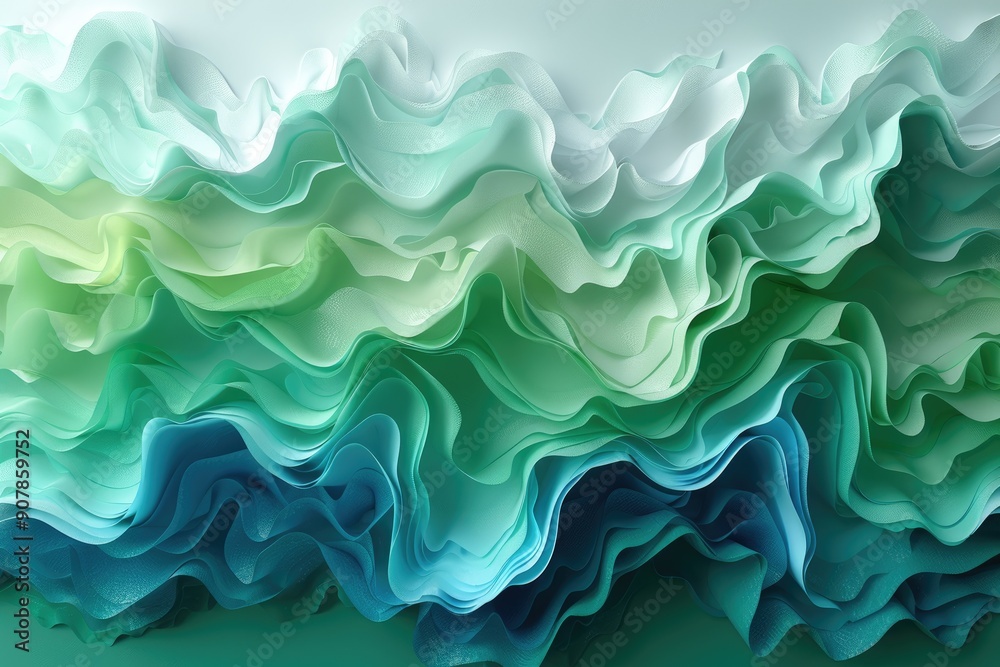 Vibrant layers of ruffled, colorful fabric creating a stunning abstract pattern with shades of green, blue, and white. Vibrant layers of ruffled, colorful fabric creating a stunning abstract pattern with shades of green, blue, and white.
