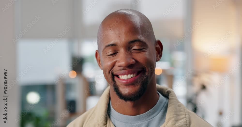 Smile, startup and face of black man in office with confidence for creative graphic designing career. Happy, portrait and African male artist with pride for multimedia job with small business.