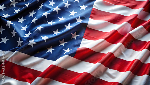 Close-up image capturing the intricate details of the American flag as it gracefully waves