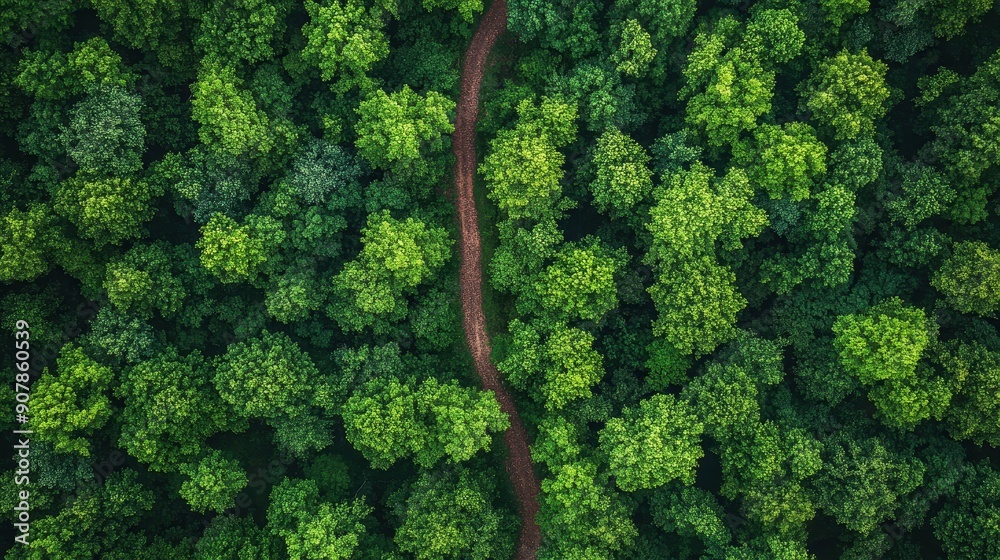 Aerial view of a forest managed sustainably, with visible walking paths and observation points Aerial view of a forest managed sustainably, with visible walking paths and observation points