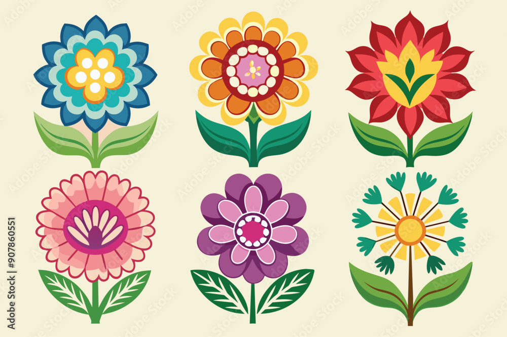 Six Colorful Stylized Flowers with Green Leaves Six Colorful Stylized Flowers with Green Leaves
