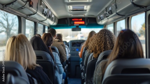 Employee Transportation, Buses: An interior view of a company bus with employees seated and engaging