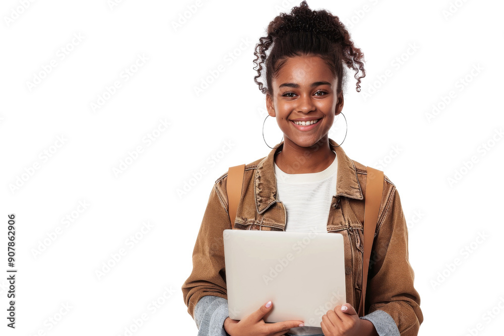 Positive ethnic woman in casual clothes smiles holding a laptop Isolated on white background Positive ethnic woman in casual clothes smiles holding a laptop Isolated on white background