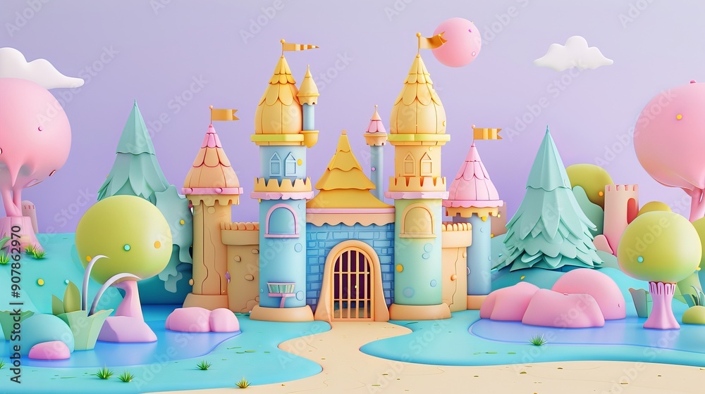Colorful 3D-rendered fairy tale castle with pastel colors, whimsical trees, and playful clouds, perfect for fantasy themes. Colorful 3D-rendered fairy tale castle with pastel colors, whimsical trees, and playful clouds, perfect for fantasy themes.