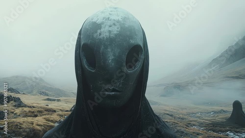 Mysterious alien in misty mountain valley
