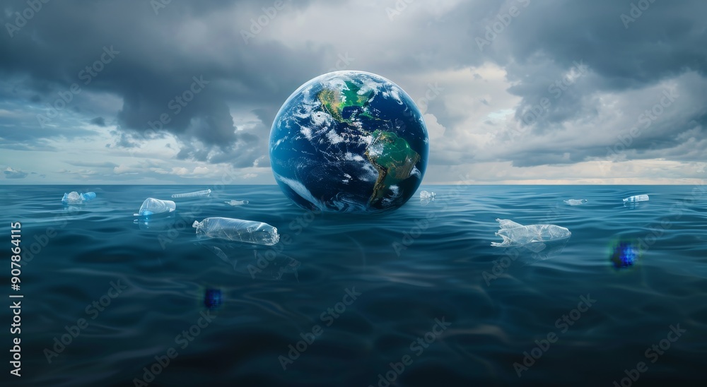 The planet earth is floating in the ocean surrounded by plastic bags and trash The planet earth is floating in the ocean surrounded by plastic bags and trash