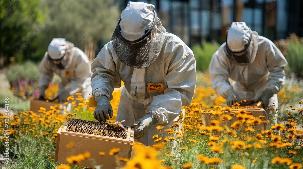 Beekeepers in protective gear working on corporate grounds, with a mix of native plants around Beekeepers in protective gear working on corporate grounds, with a mix of native plants around