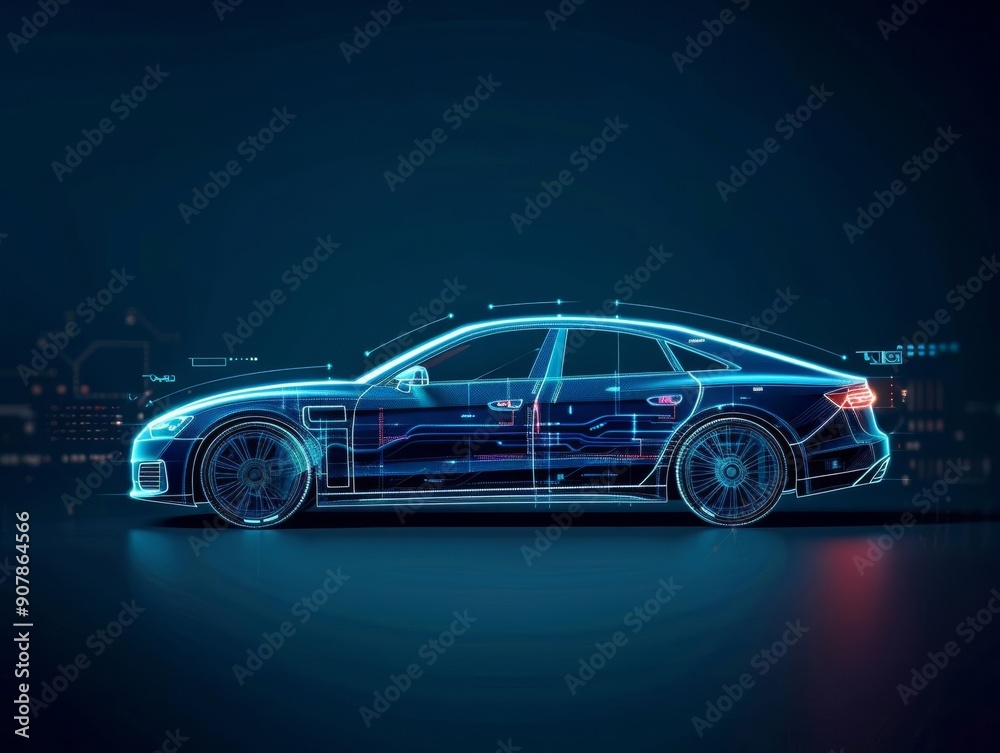 Naklejka premium Neon-lit digital car wireframe, futuristic automotive design, blue tones, technology-driven, dark backdrop