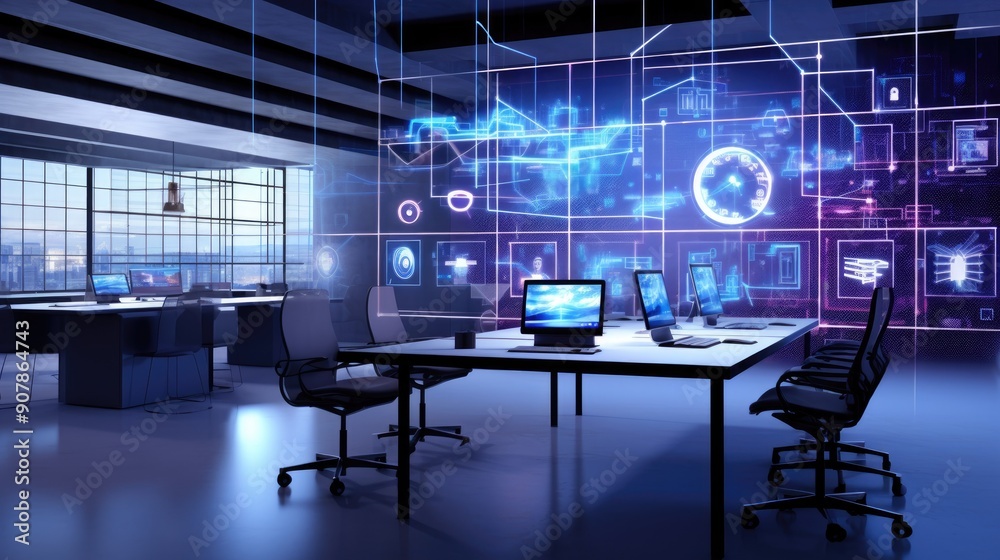 Fototapeta premium Empty workspace with floating virtual reality interfaces and data streams