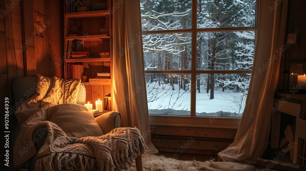 Fototapeta premium A cozy cabin with a large window overlooking a snowy forest.