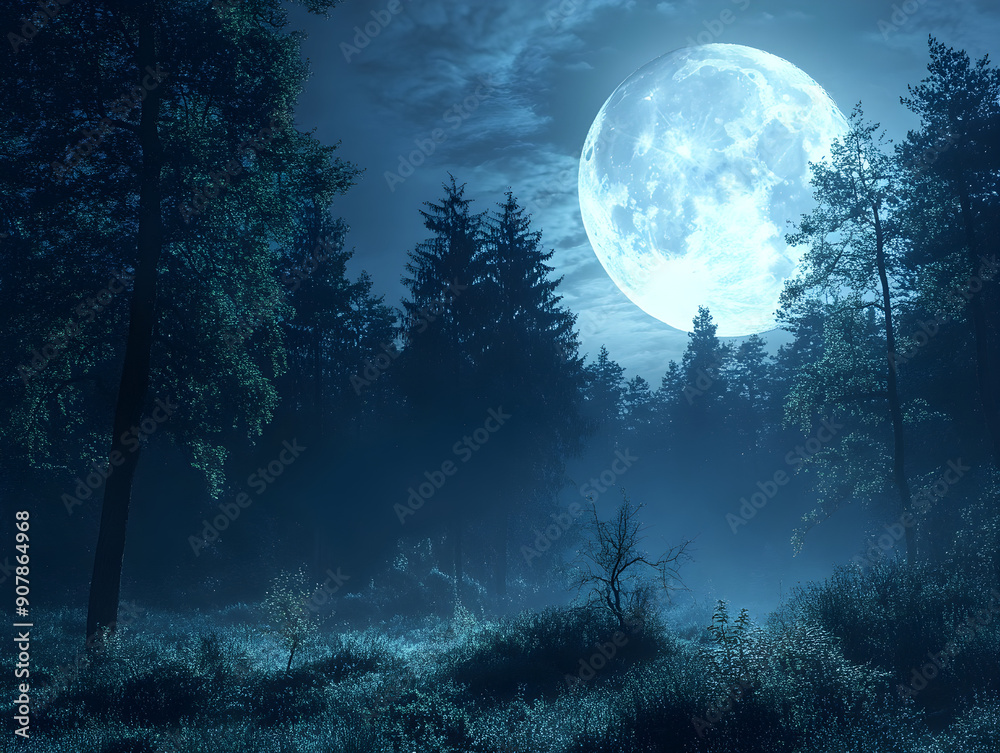 Enchanting Nighttime Forest Scene with Luminous Full Moon Casting Ethereal Glow Over Serene Landscape, Mystical Nature for Tranquil and Magical Atmosphere in Outdoor Adventure Themes Enchanting Nighttime Forest Scene with Luminous Full Moon Casting Ethereal Glow Over Serene Landscape, Mystical Nature for Tranquil and Magical Atmosphere in Outdoor Adventure Themes