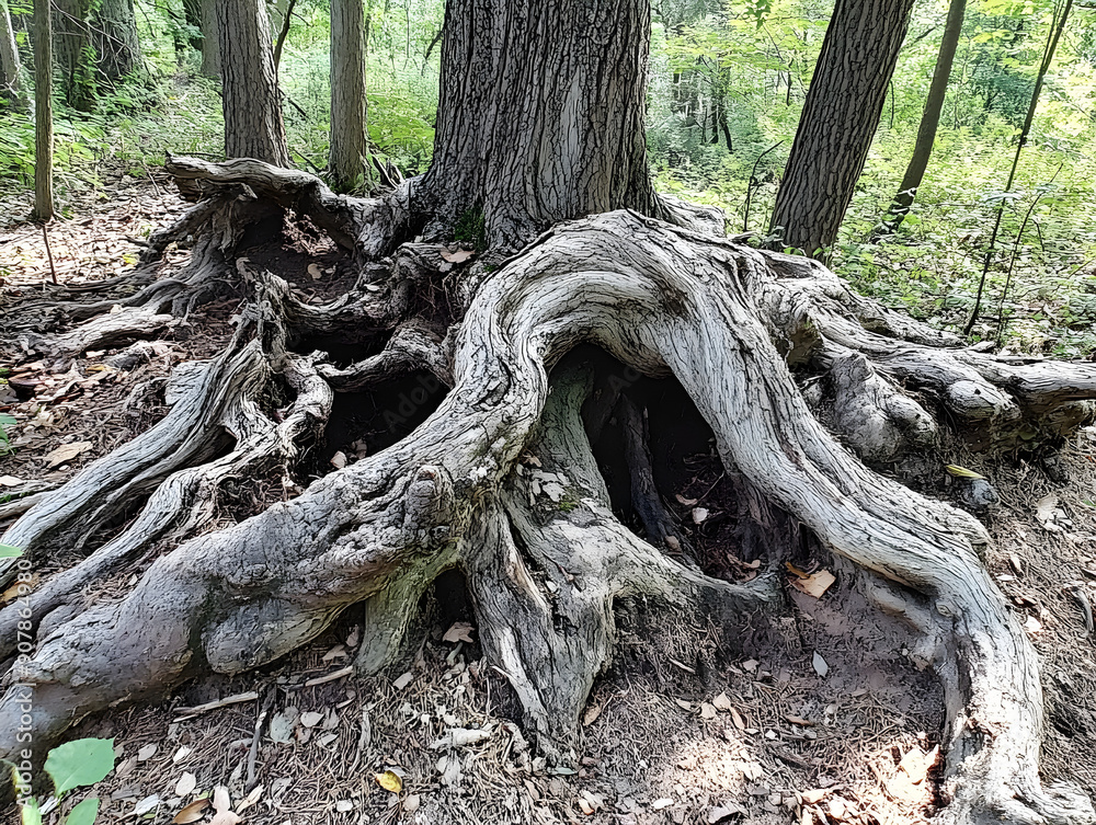 Intricate Gnarled Tree Trunk with Exposed Roots in Lush Forest, Sunlight Filtering Through Foliage, Dappled Shadows on Ground, Rich Earthy Palette of Browns and Greens, Symbol of Age and Resilience