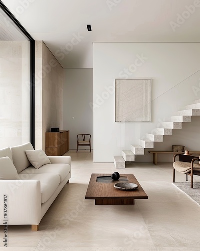 Minimalist interior, pale beige colors, modern furniture, natural light, more clarity with clear light and sharp focus, high detailed photo