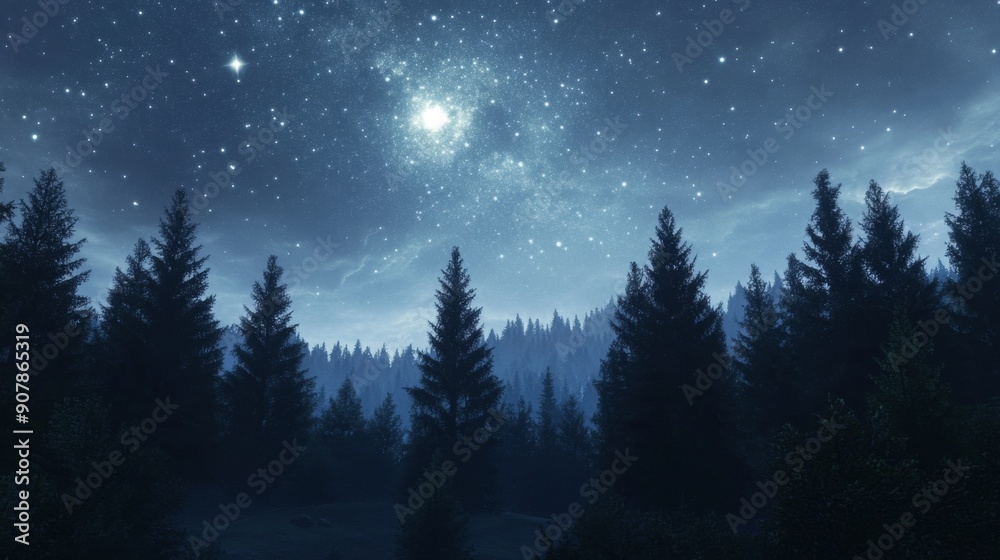Serene Moonlit Pine Forest under a Clear Starry Sky - Tranquil and Magical Night Scene Serene Moonlit Pine Forest under a Clear Starry Sky - Tranquil and Magical Night Scene