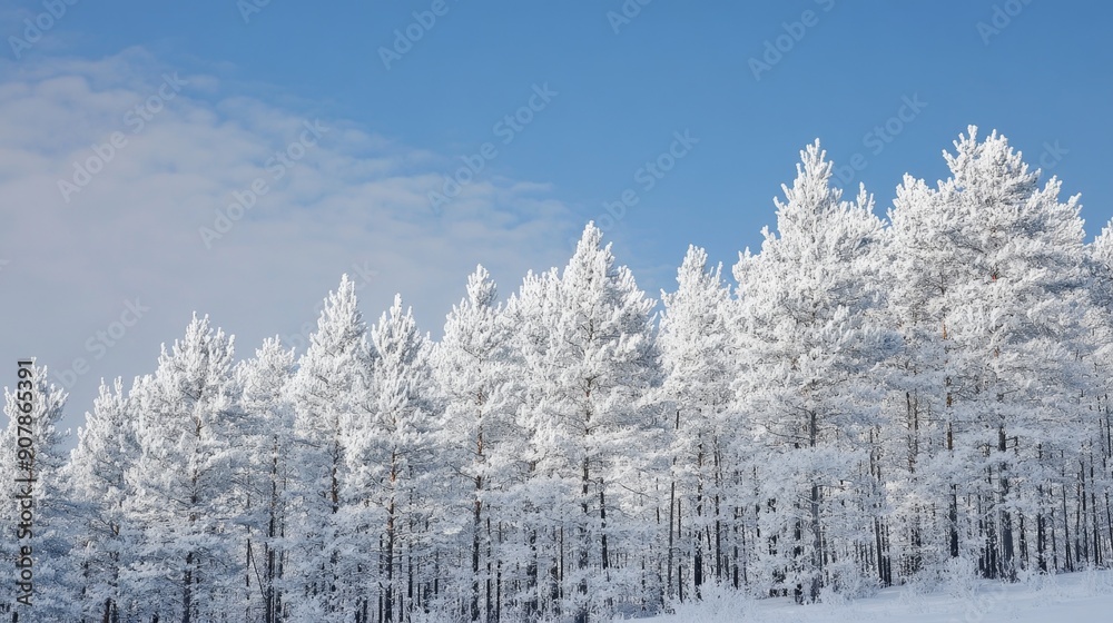 Serene Winter Landscape: Snow-Covered Pine Forest under a Crisp Blue Sky Serene Winter Landscape: Snow-Covered Pine Forest under a Crisp Blue Sky