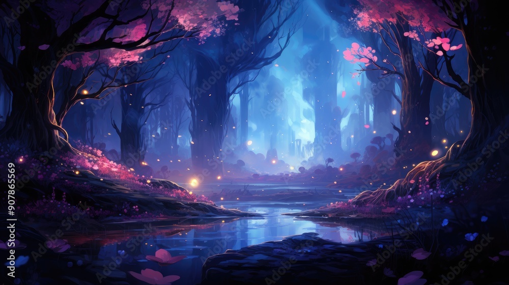 Obraz premium Ethereal forest with glowing bioluminescent plants at dusk
