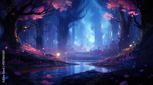 Ethereal forest with glowing bioluminescent plants at dusk © Benyafez Studio