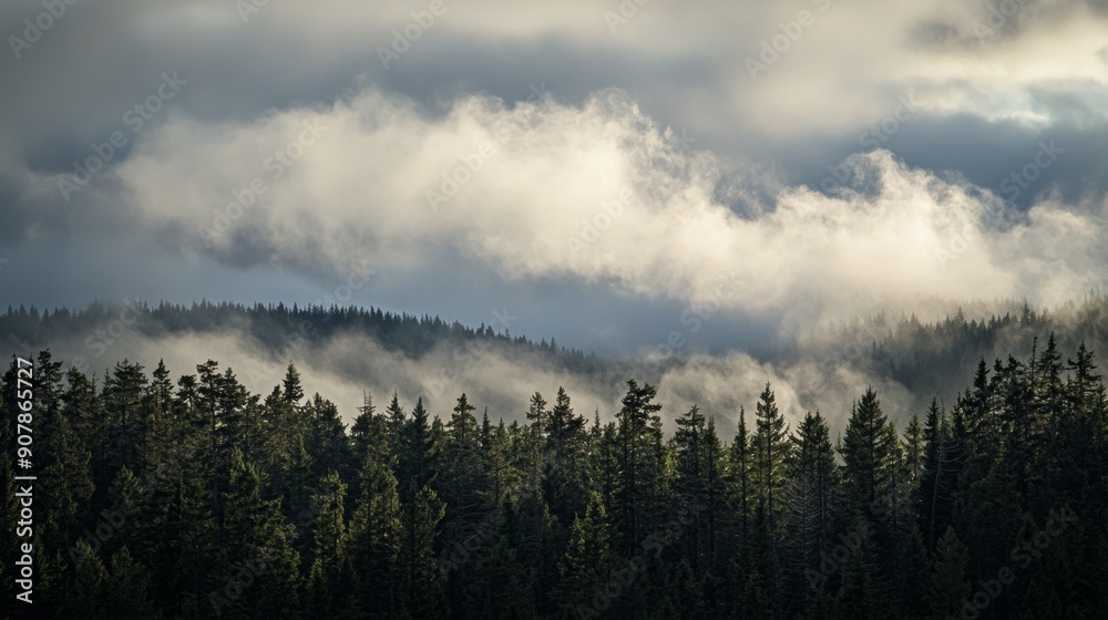 Fototapeta premium Majestic Pine Forest Silhouetted by Dramatic Rolling Clouds with Shadow Play