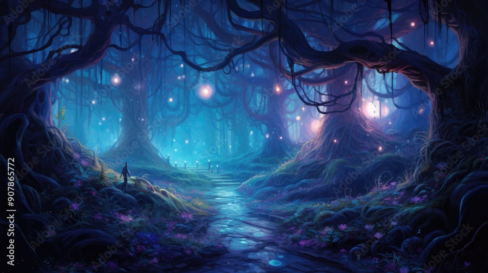 Obraz premium Ethereal forest with glowing bioluminescent plants at dusk