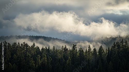 Majestic Pine Forest Silhouetted by Dramatic Rolling Clouds with Shadow Play