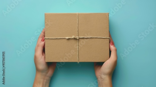 Gift Delivery: Woman Holding Small Brown Cardboard Box on Blue Background - Mockup Packaging for Shopping and Present Concept