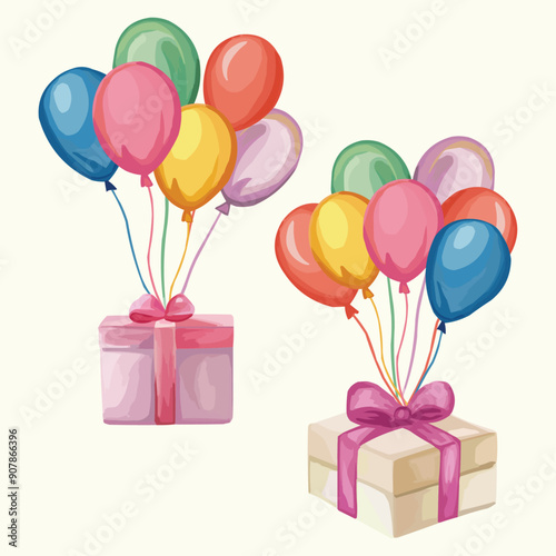 Gift hanging from colored balloons for birthday celebration greeting card