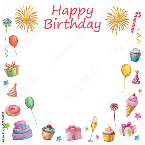 Happy birthday frame with party elements presents balloons cakes