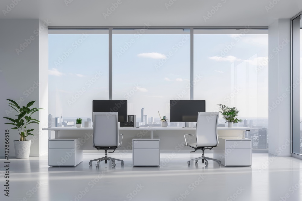 Fototapeta premium White office interior with panoramic windows, desks and chairs against the backdrop of an urban landscape