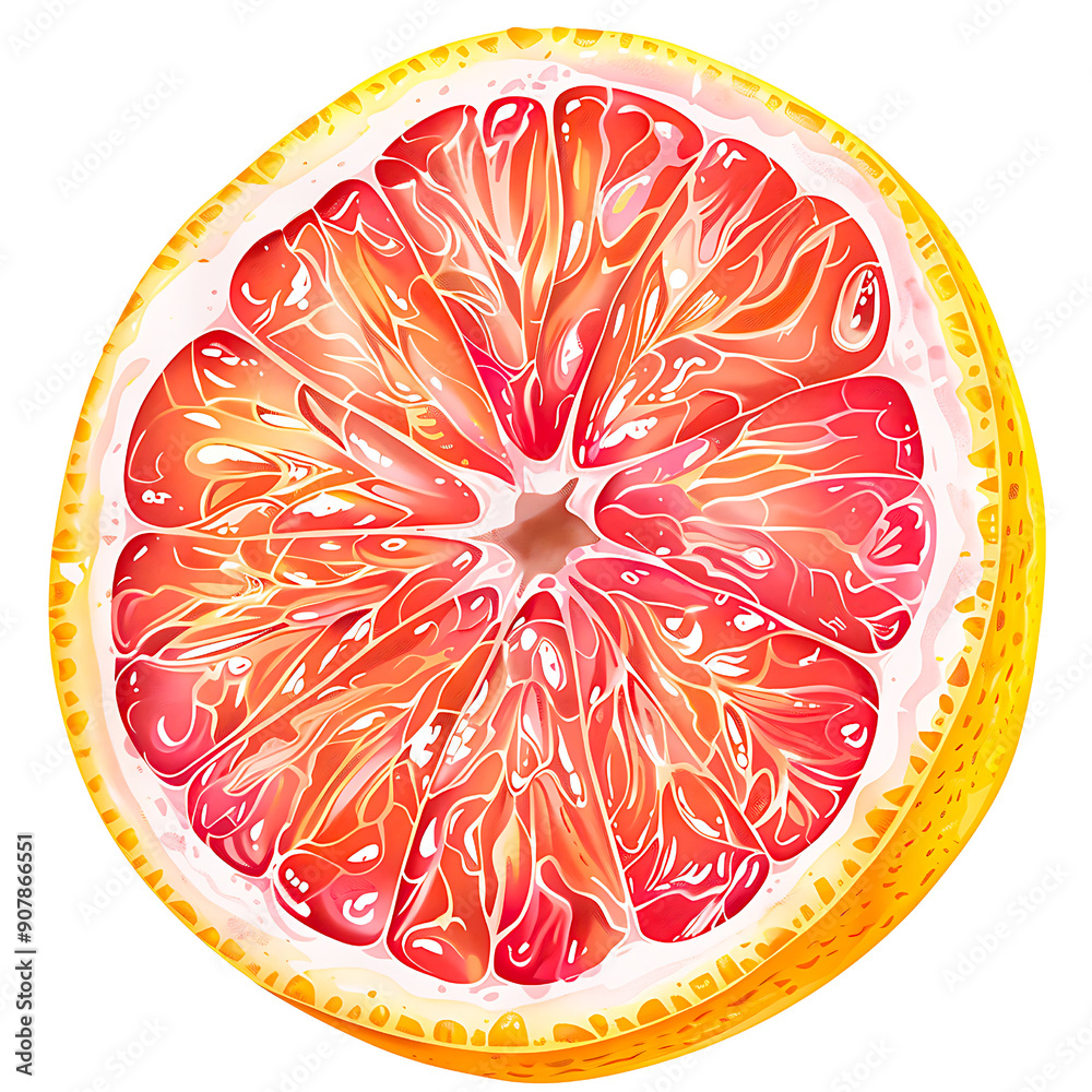 Close-up of a vibrant grapefruit slice illustration isolated on transparency PNG background, showcasing the detailed and colorful interior with a pop of freshness. Close-up of a vibrant grapefruit slice illustration isolated on transparency PNG background, showcasing the detailed and colorful interior with a pop of freshness.