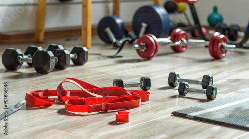 Exercise bands and dumbbells on a clean home gym floor