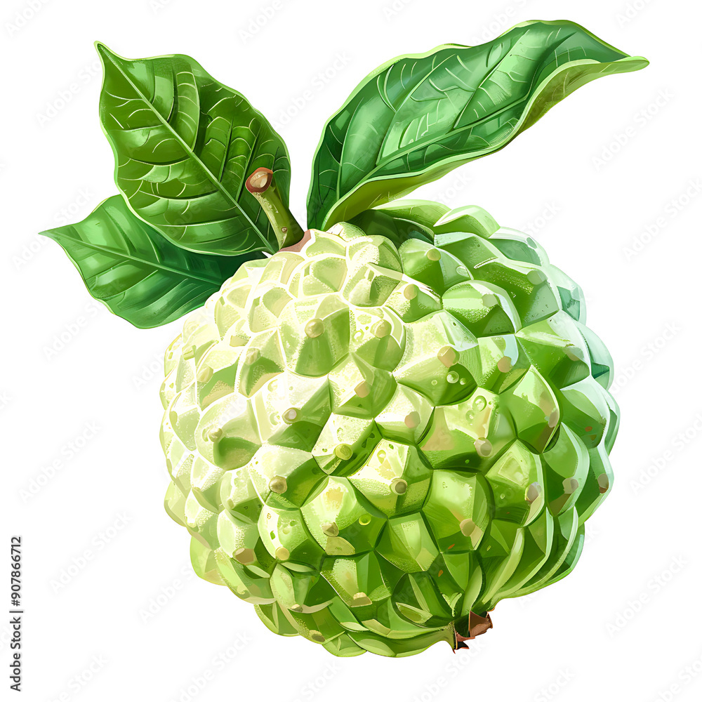 Obraz premium High-quality image of a fresh green custard apple with glossy leaves isolated on transparency PNG background, perfect for nature, food, and health-related projects.