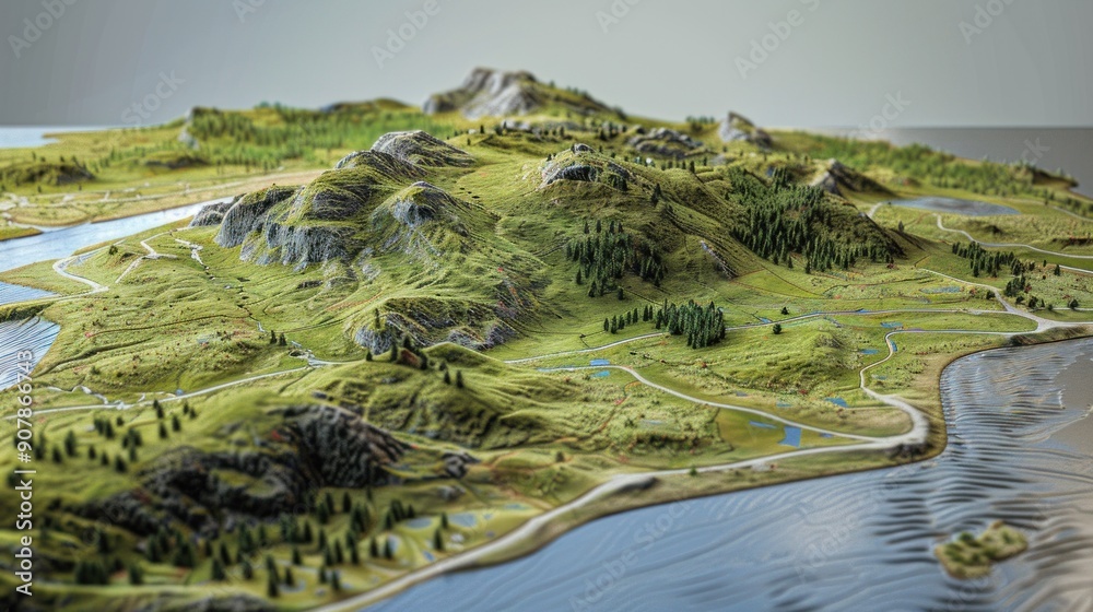 Generate a photo realistic image of a maquette illustrating a nature reserve with wildlife habitats, hiking trails, and conservation areas; ensure the image is of high resolution for clear Generate a photo realistic image of a maquette illustrating a nature reserve with wildlife habitats, hiking trails, and conservation areas; ensure the image is of high resolution for clear