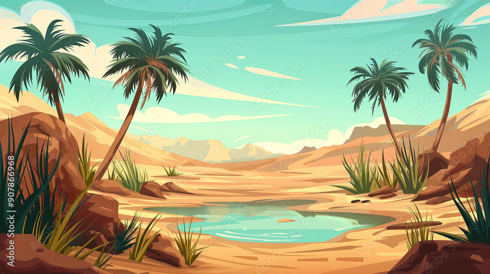 The Sandy desert with small lake under palm trees, game background, illustration The Sandy desert with small lake under palm trees, game background, illustration