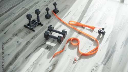 Exercise bands and dumbbells on a clean home gym floor