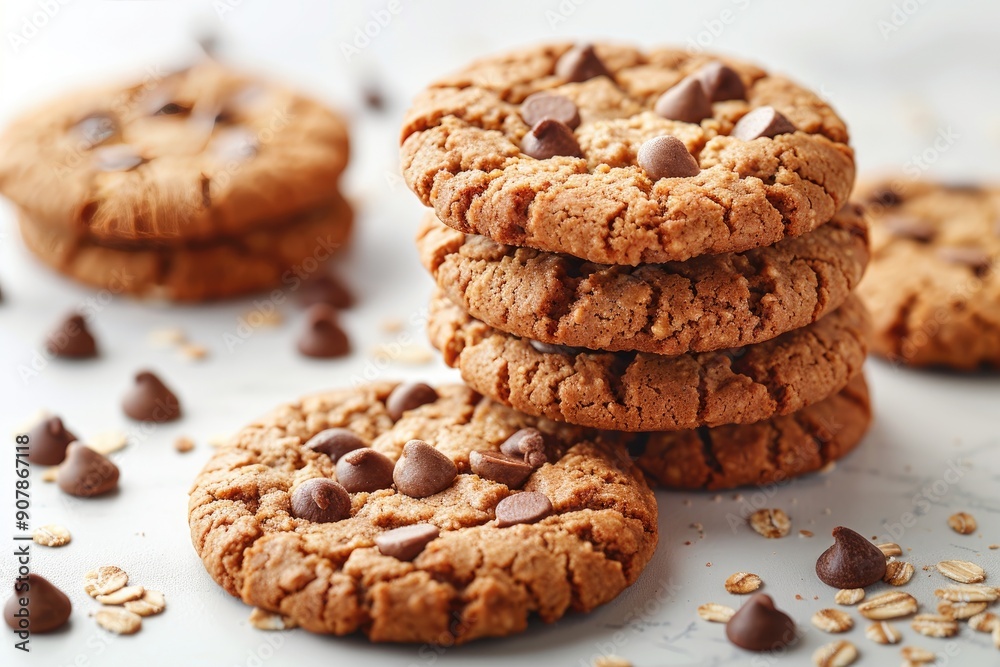 Delicious homemade chocolate chip cookies stacked on a marble surface, surrounded by oats and scattered chocolate chips. Delicious homemade chocolate chip cookies stacked on a marble surface, surrounded by oats and scattered chocolate chips.