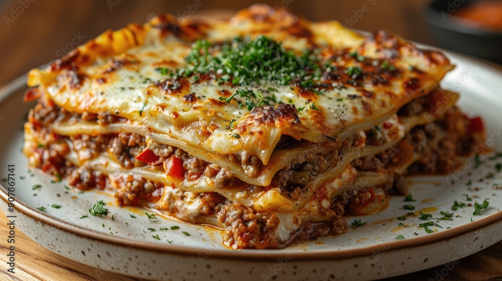 Delicious homemade lasagna with layers of pasta, meat sauce, and melted cheese, garnished with fresh herbs and served on a ceramic plate. Delicious homemade lasagna with layers of pasta, meat sauce, and melted cheese, garnished with fresh herbs and served on a ceramic plate.