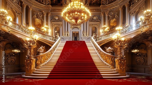 Wallpaper Mural Elegant grand staircase with red carpet in opulent palace interior featuring ornate chandeliers and intricate architectural details. Torontodigital.ca