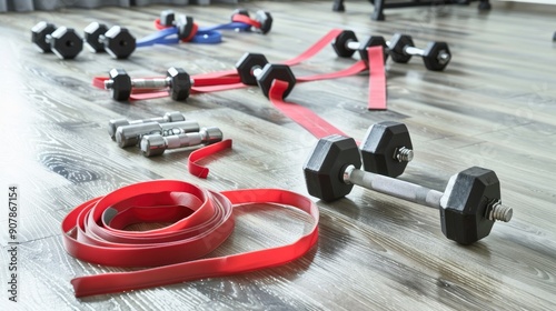 Exercise bands and dumbbells on a clean home gym floor
