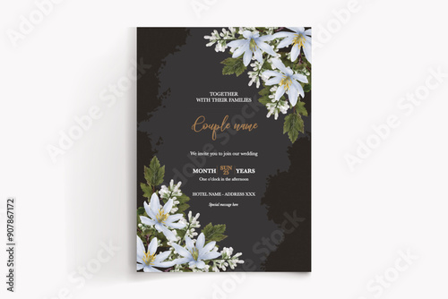 WEDDING INVITATION FRAME WITH FLOWER DECORATIONS WITH FRESH LEAVES