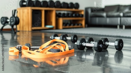 Exercise bands and dumbbells on a clean home gym floor