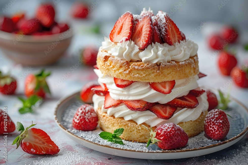 Delicious strawberry shortcake topped with fresh cream and strawberries, perfect for dessert lovers and food enthusiasts. Delicious strawberry shortcake topped with fresh cream and strawberries, perfect for dessert lovers and food enthusiasts.
