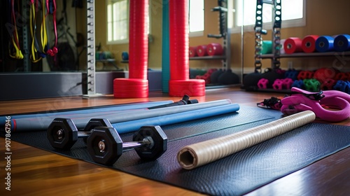 Exercise bands and dumbbells on a clean home gym floor