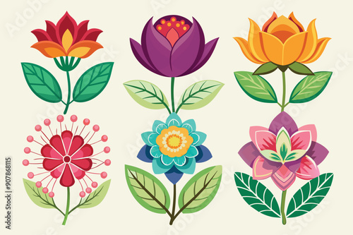 Colorful Stylized Flowers with Green Leaves